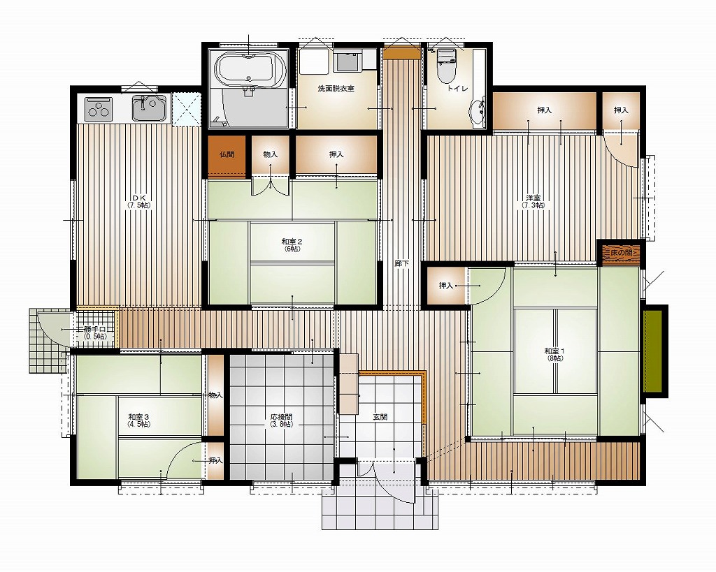 4ldkの間取り 広々とした和室3部屋の平屋住宅 充填断熱 付加断熱 トリプルガラスアルミ樹脂複合サッシ ua値0 41w K c値0 70 朝霞市の木の家 自然素材の注文住宅なら獅子倉工務店 4ldkの間取り 広々とした和室3部屋の平屋住宅 充填断熱 付加断熱 トリプルガラスアルミ樹脂複合サッシ ua値0 41w K c値0 70 朝霞市の木の家 自然素材の注文住宅なら獅子倉工務店